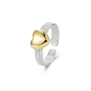 Adjustable S925 silver twist ring featuring a polished gold heart-shaped centerpiece