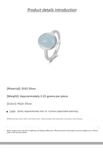 Macro detail of S925 sterling silver ring featuring oval blue aquamarine and specifications