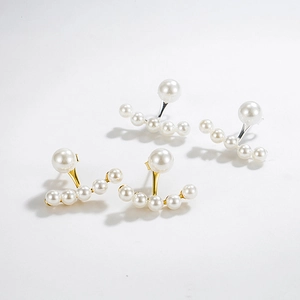 Elegant 925 silver pearl stud earrings with curved five-pearl drop design in gold and silver