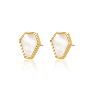 Elegant geometric hexagonal gold stud earrings with white mother of pearl inlay
