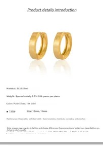 Detailed specs of brushed S925 sterling silver hoop earrings in 12mm and 15mm sizes