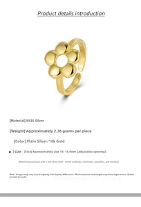 Detail view of S925 sterling silver 18k gold plated 5-petal flower ring with size specs