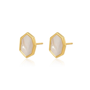 Minimalist geometric hexagonal stud earrings with natural white shell and gold plating