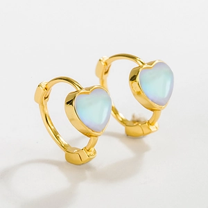 925 Sterling Silver Heart Hoop Earrings For Women Synthetic Moonstone Rhinestone Inlaid Gold Plated Chic Fashion Jewelry