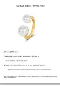 Detail of adjustable S925 silver ring with dual pearls and elegant 18k gold plated texture