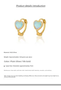 Detail view of heart-shaped S925 silver moonstone hoop earrings with size specifications