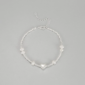 Bracelet en argent sterling S925 avec perles naturelles et pendentif en cœur