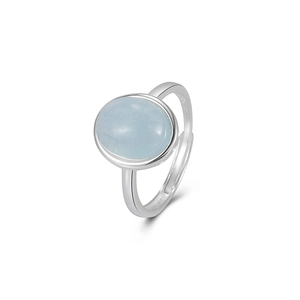 S925 sterling silver ring featuring a large oval light blue aquamarine gemstone on white background