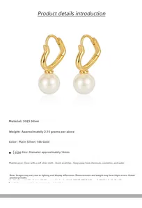 Detailed view of S925 silver heart pearl earrings with 14mm diameter and 2.15g weight