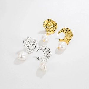 Lava ripple gold and silver earrings with asymmetric sun moon baroque pearl drops