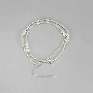 Double-layered S925 sterling silver necklace with heart pendant and natural pearls