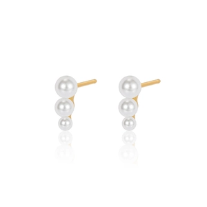 Elegant gold-plated S925 sterling silver stud earrings with three graduated white pearls