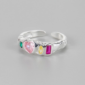 S925 Sterling Silver Irregular Texture Open Ring For Women Vintage Colorful Zirconia Inlaid Heart Adjustable Finger Ring