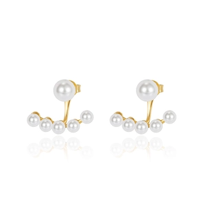 Elegant gold pearl ear jacket earrings with white shell pearls on a clean white background