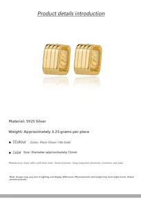 Detailed view of square gold S925 silver earrings with vertical stripes and 12mm size