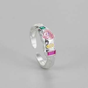 S925 sterling silver open ring with irregular texture and colorful gemstone inlay