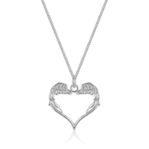 Vintage S925 silver angel wings heart pendant necklace with polished chain on white surface