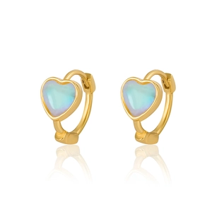 Elegant gold heart earrings with iridescent moonstone shell inlays on white background