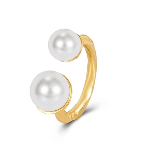 S925 silver U-shape open ring featuring white freshwater pearls and hammered texture