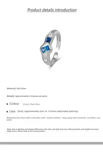 Vue détaillée de la bague en argent 925 avec zircons bleus et formes d'étoiles