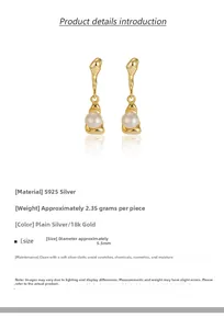 Detailed view of S925 silver drop earrings with 5.5mm natural pearls and gold lava design