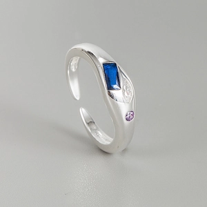 Minimalist S925 silver open ring with rectangle blue and oval purple zircon stones