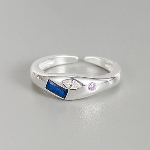 S925 Sterling Silver Geometric Asymmetric Ring For Women With Colored Rhinestones Adjustable Open Ring Minimalist Jewelry Accessory