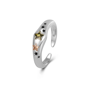 Adjustable S925 sterling silver star ring with colorful zircon and black enamel stars