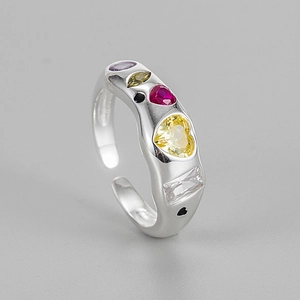 S925 sterling silver open ring with colorful heart-shaped cubic zirconia and wavy band