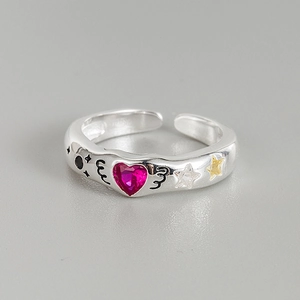 925 Sterling Silver Heart Pink Zirconia Open Adjustable Ring Geometric Sweet Cool Design Fashion Finger Jewelry For Women