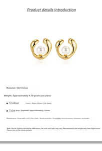 Detailed view of S925 silver pearl earrings with 18k gold finish and 19mm diameter