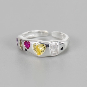925 Sterling Silver Colorful Zirconia Heart Ring For Women Irregular Wave Adjustable Opening Ring Sweet Elegant Jewelry Gift