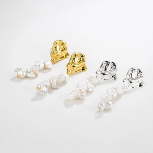Baroque pearl drop earrings with irregular lava texture metal in gold and silver finish