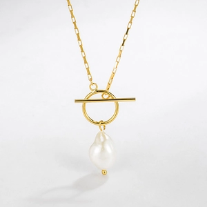 Natural Baroque Pearl Pendant Necklace 925 Sterling Silver Toggle Clasp Geometric Link Chain French Minimalist Luxury For Women