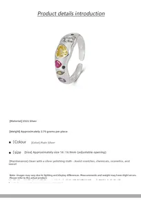 Detailed view of S925 sterling silver ring with colorful heart shaped zircon gemstones