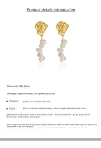 Detail view of baroque pearl drop earrings with S925 silver metal pleated design