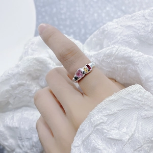 Irregular S925 silver ring with colorful heart, oval, and rectangular zircon stones