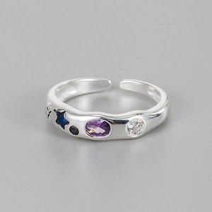 S925 Sterling Silver Geometric Open Ring For Women Retro Micro Inlaid Zirconia Colorful Star Adjustable Finger Ring Fashion Jewelry