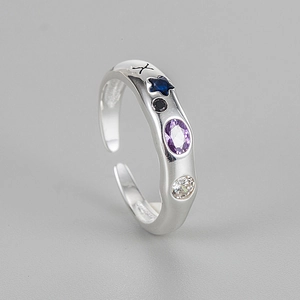 Adjustable S925 sterling silver ring with colorful zircons and geometric X engraving