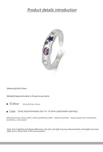 Detail view of S925 sterling silver ring with colorful zircons and weight parameters