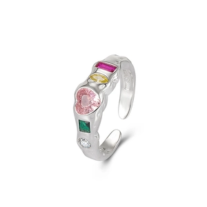 S925 sterling silver open ring with irregular colorful zircon stones in a sleek design