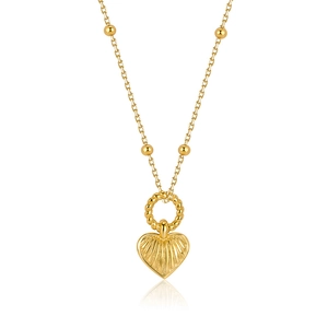 Golden heart pendant necklace with shell texture and beaded chain on white background