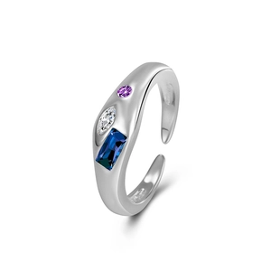 Minimalist S925 sterling silver open ring with three vertical colored zircons on white