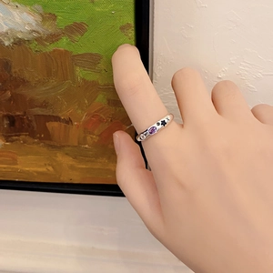 S925 sterling silver geometric ring with purple zircon and black star, modern INS style