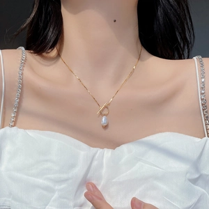 Minimalist S925 sterling silver gold chain necklace with baroque pearl and OT toggle clasp