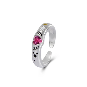 925 sterling silver adjustable ring featuring a pink heart zircon and black enamel stars