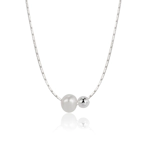 Minimalist S925 sterling silver snake chain necklace with pearl pendant on white background