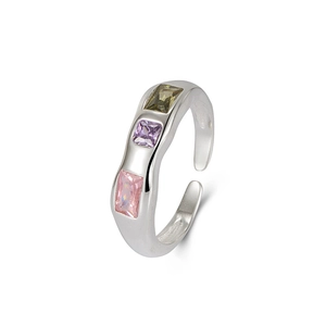 Minimalist S925 sterling silver open ring with three vertical rectangle colored zircons