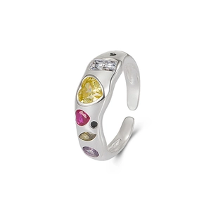 S925 sterling silver ring with colorful heart and pear shaped zircons in wavy design