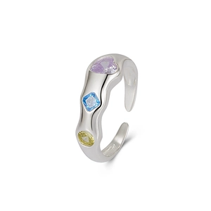 S925 sterling silver wavy open ring with colorful heart, square and round zircons